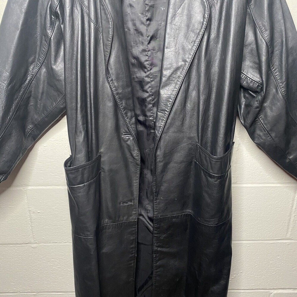 Vtg 80s EXPRESS Black Over Coat Long Trench Leather Jacket SZ ? Large Women - Picture 7 of 14